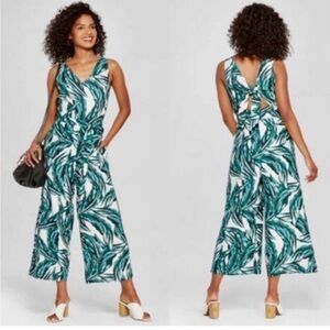Who What Wear White & Green Palm Leaves Linen Blend V-Neck Back Cut Out Jumpsuit
